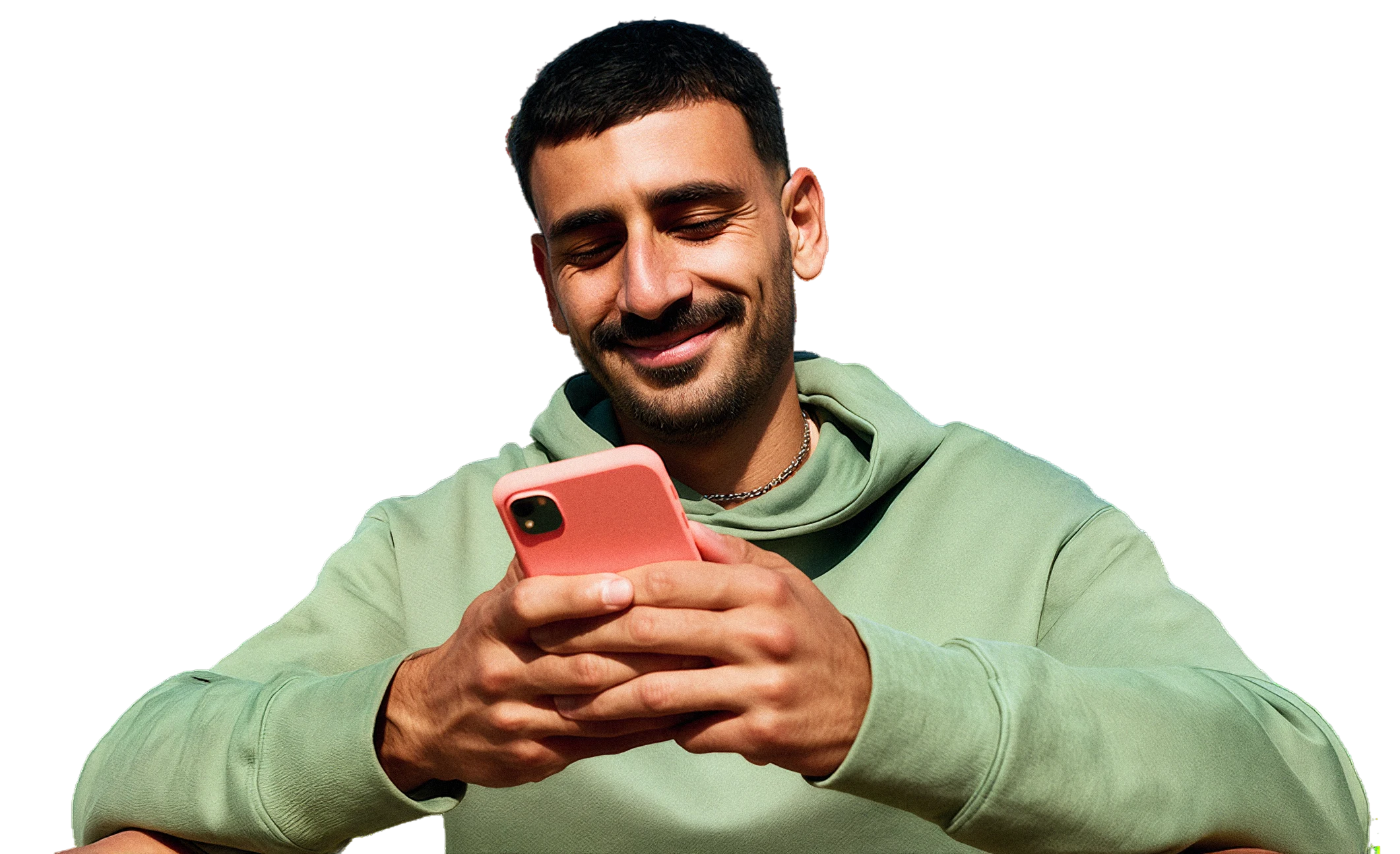 Man smiling while using the Bright app on his phone