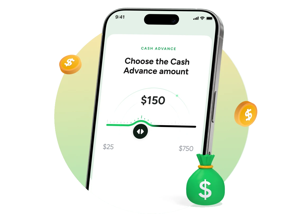 Bright app showing a Cash Advance amount of $150, selectable up to $750