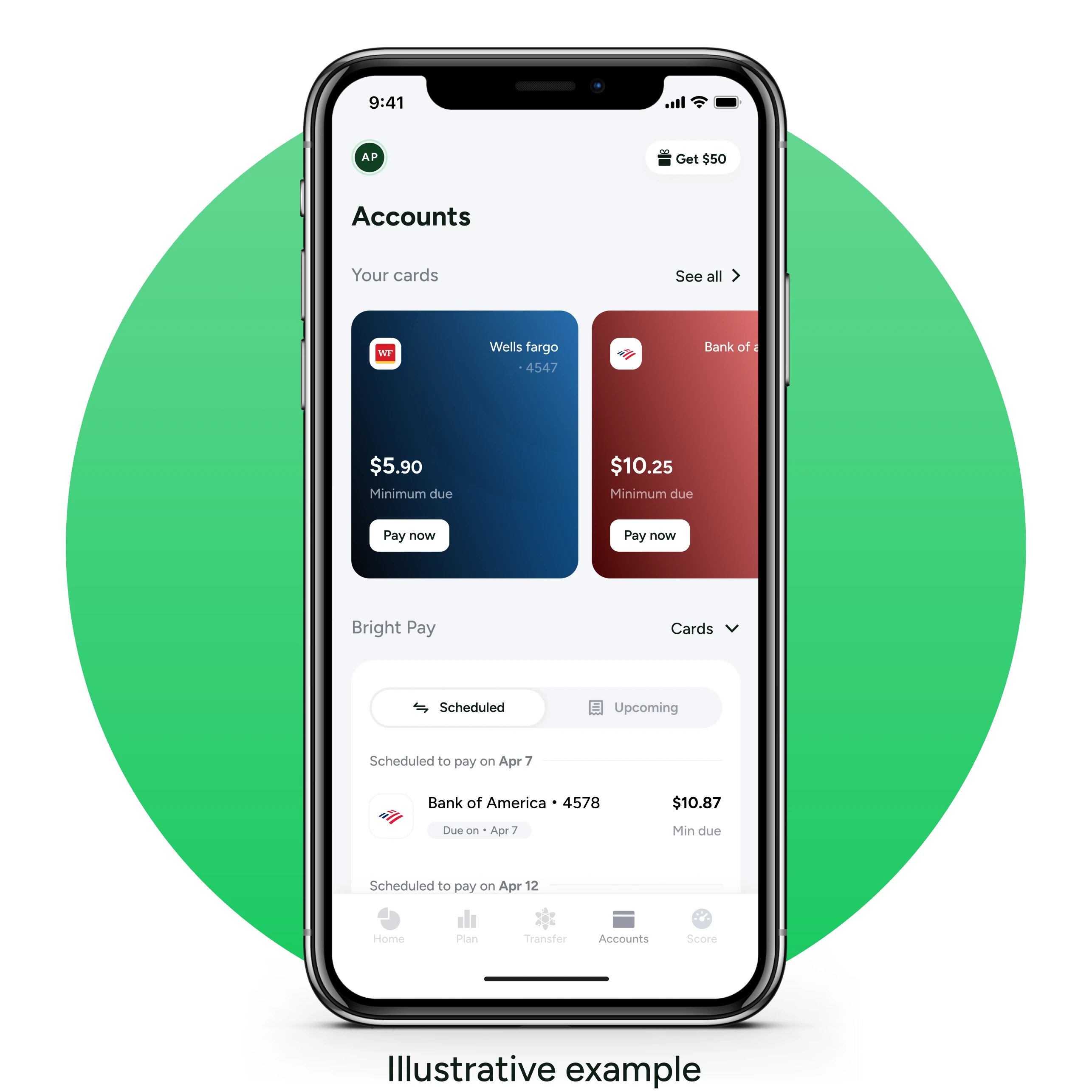 The Bright app managing credit card debt — illustrative example