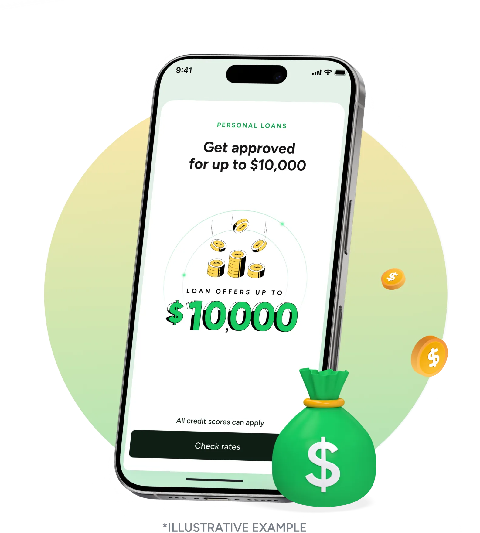 Bright app showing personal loan offers up to $10,000 — illustrative example