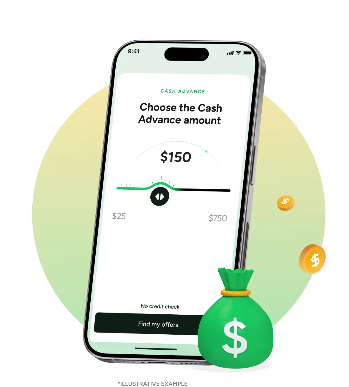 Bright app showing a Cash Advance amount of $150, up to $750 — illustrative example