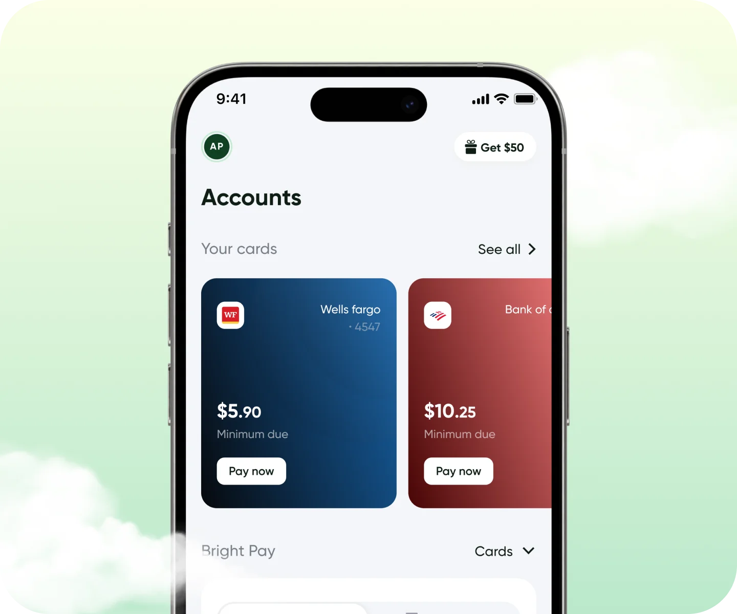 Card management screen on iPhone