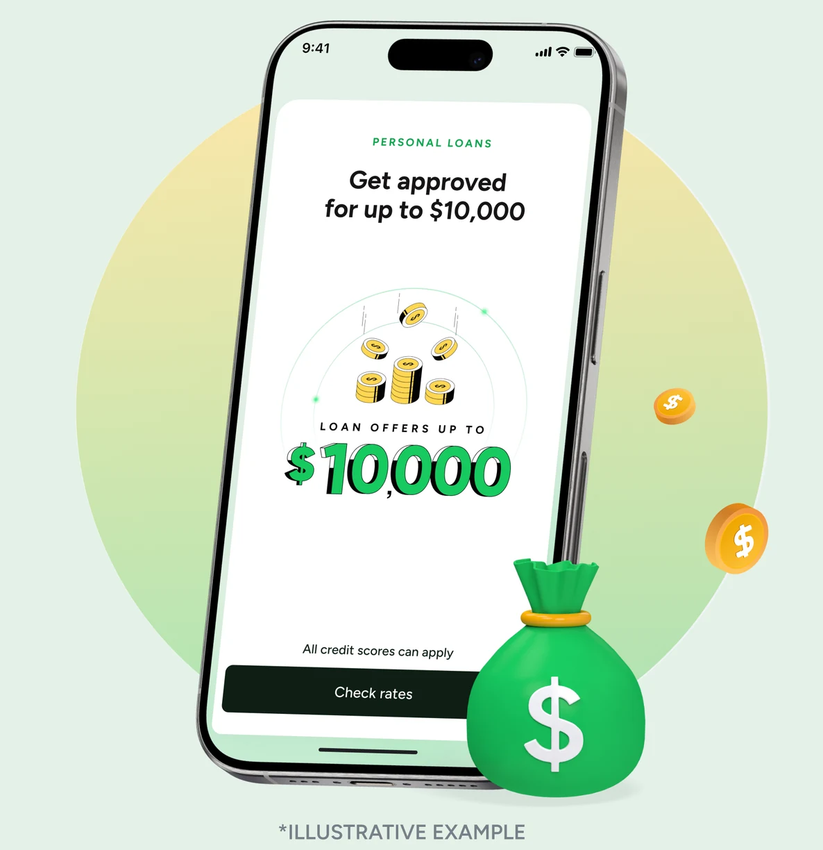 Bright app showing a $10,000 personal loan offer — illustrative example